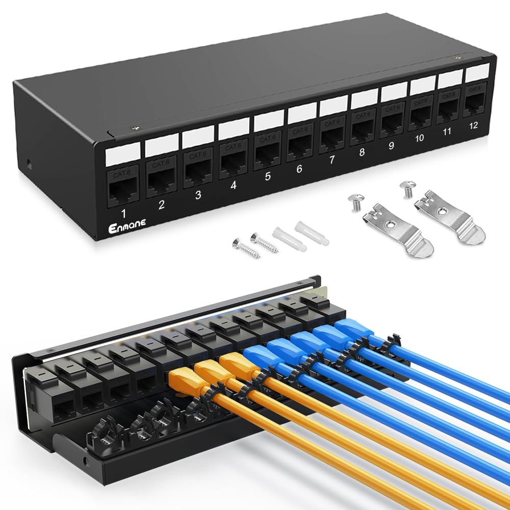 12-Port CAT6 Keystone Patchpanel geschirmtes Netzwerk-Patch-Patch mit intelligentem Kabelmanagement für Heim-/Büronetzwerk (1U, 12-Port, CAT6)