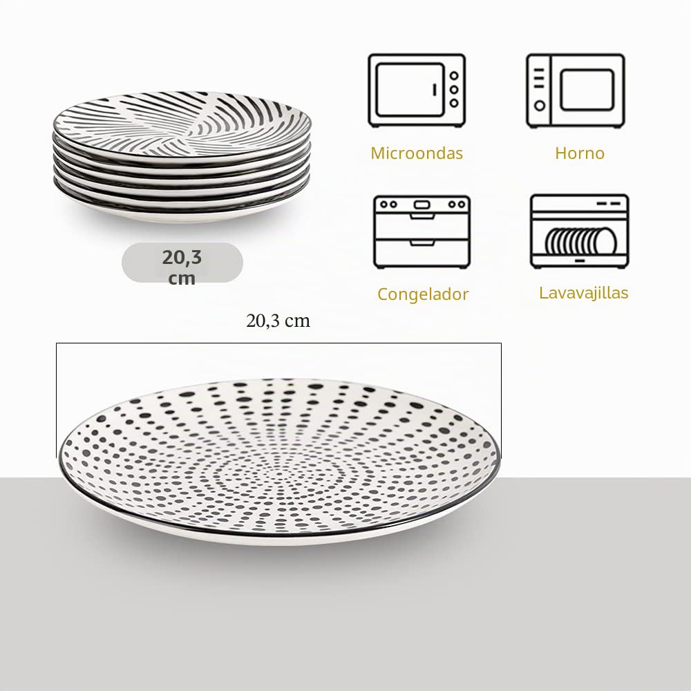 AHX Platos Llanos Porcelana - Juego de Platos de 6 Negros - Platos Postre | Ensalada | Aperitivo | Fruta - Apto para Microondas y Lavavajillas - 20.3 cm