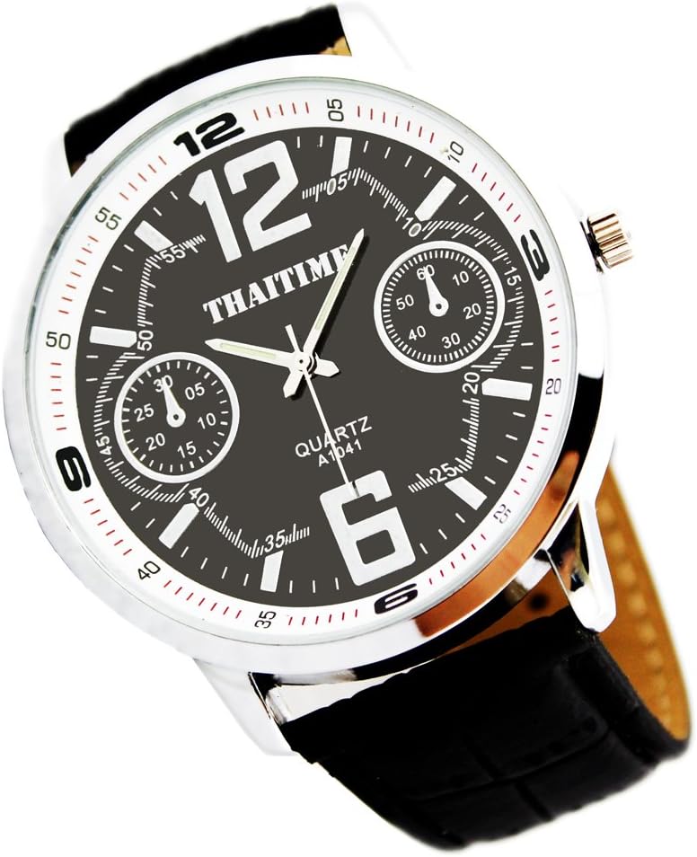 THAITIME Men's Luxury Fashion Design Round Big Watches Men's Sports Leather Quartz Wrist Watches