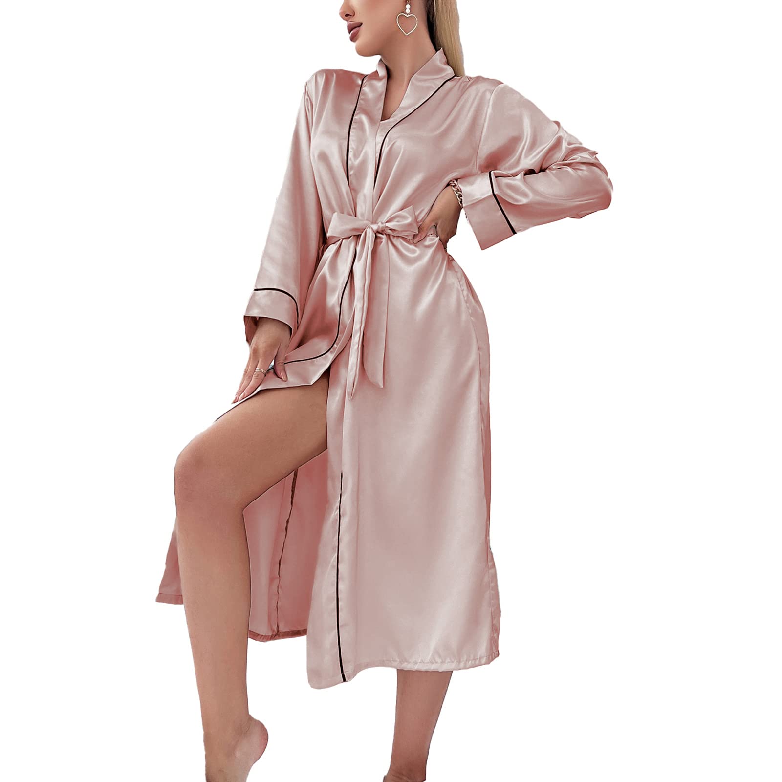 TIANQIHAO Women Summer Dressing Gown Sexy Satin Robe Nightdresses Pajamas Bathrobe With Belt,Pink-Small