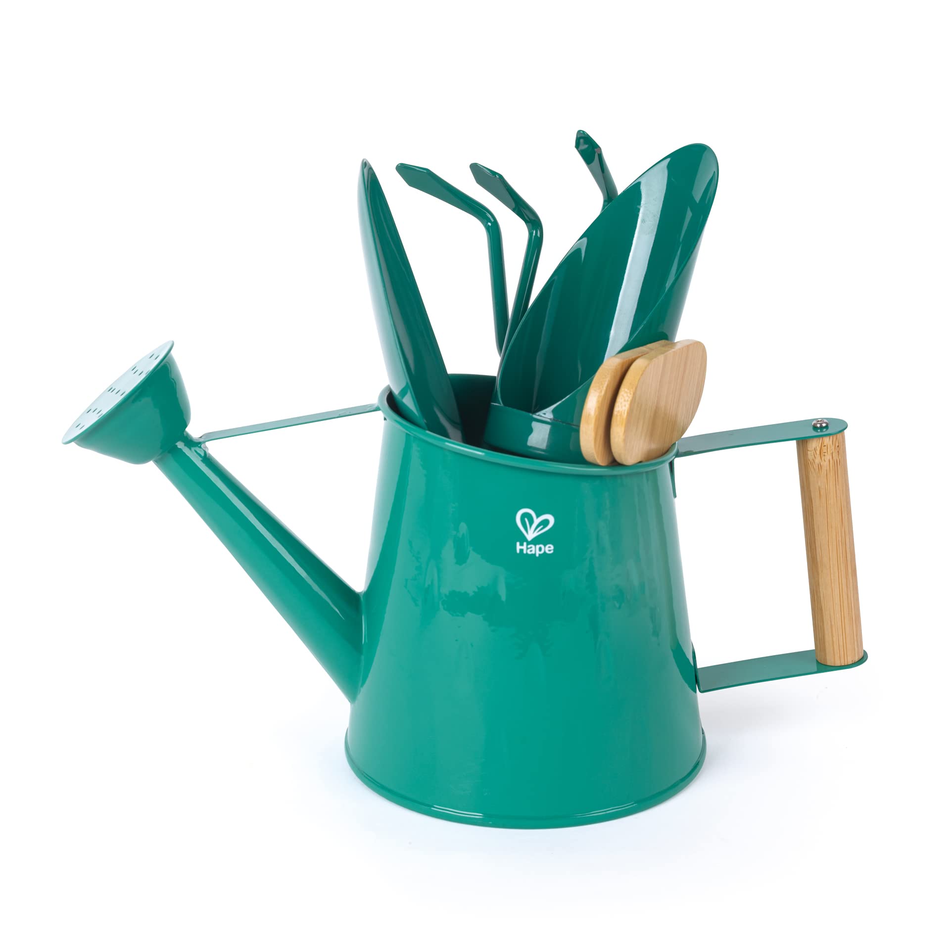 Hape Nature Fun - Set da Giardinaggio: annaffiatoio, spatola, rastrello e minivanga in Ferro e bambù per Piccoli giardinieri dai 4 Anni in su