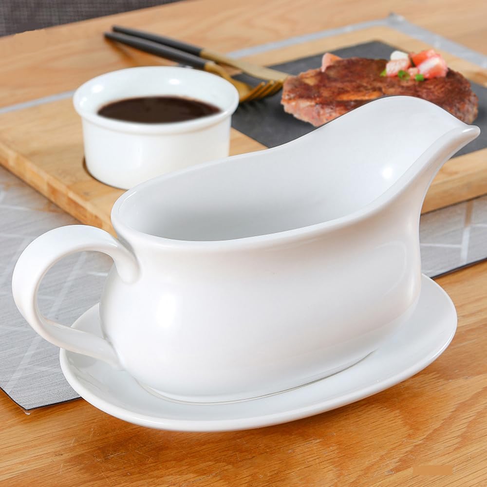 300ML Sauciere Porzellan, 7oz Sossenbehälter Mit Henkel, Saucen Behälter Weiß, Sauciere Mit Lippenausguss, Servierschale Geeignet Für Soße, Salatdressings, Milchbrühe, Bratensaft Und Käsedip