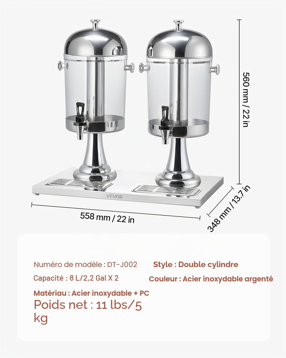 VEVOR Distributeur de Boissons Capacité 2x 8 L, Fontaine à Eau en Acier Inoxydable et Plastique, avec Robinet, Compartiment à Glace et Plateau, Distribution de Jus Limonade Thé Glacé, Restaurant Café