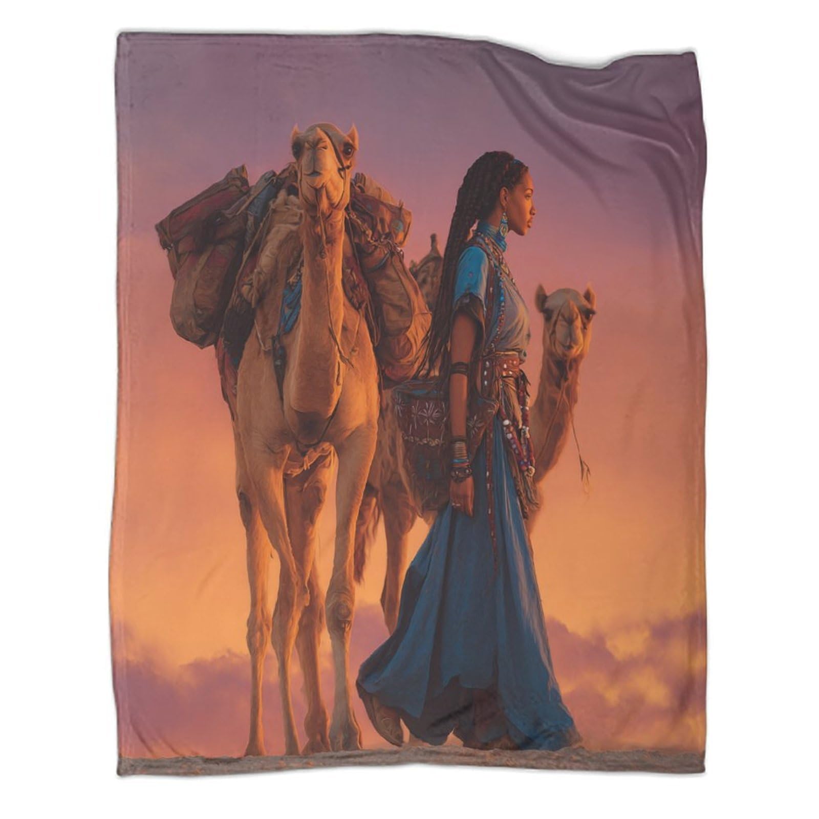 kaiyun Woman, Camel Crossing Desert Throws,Soft And Warm Printed Flannel for Bed And Sofa 50x60inch(127x152cm)