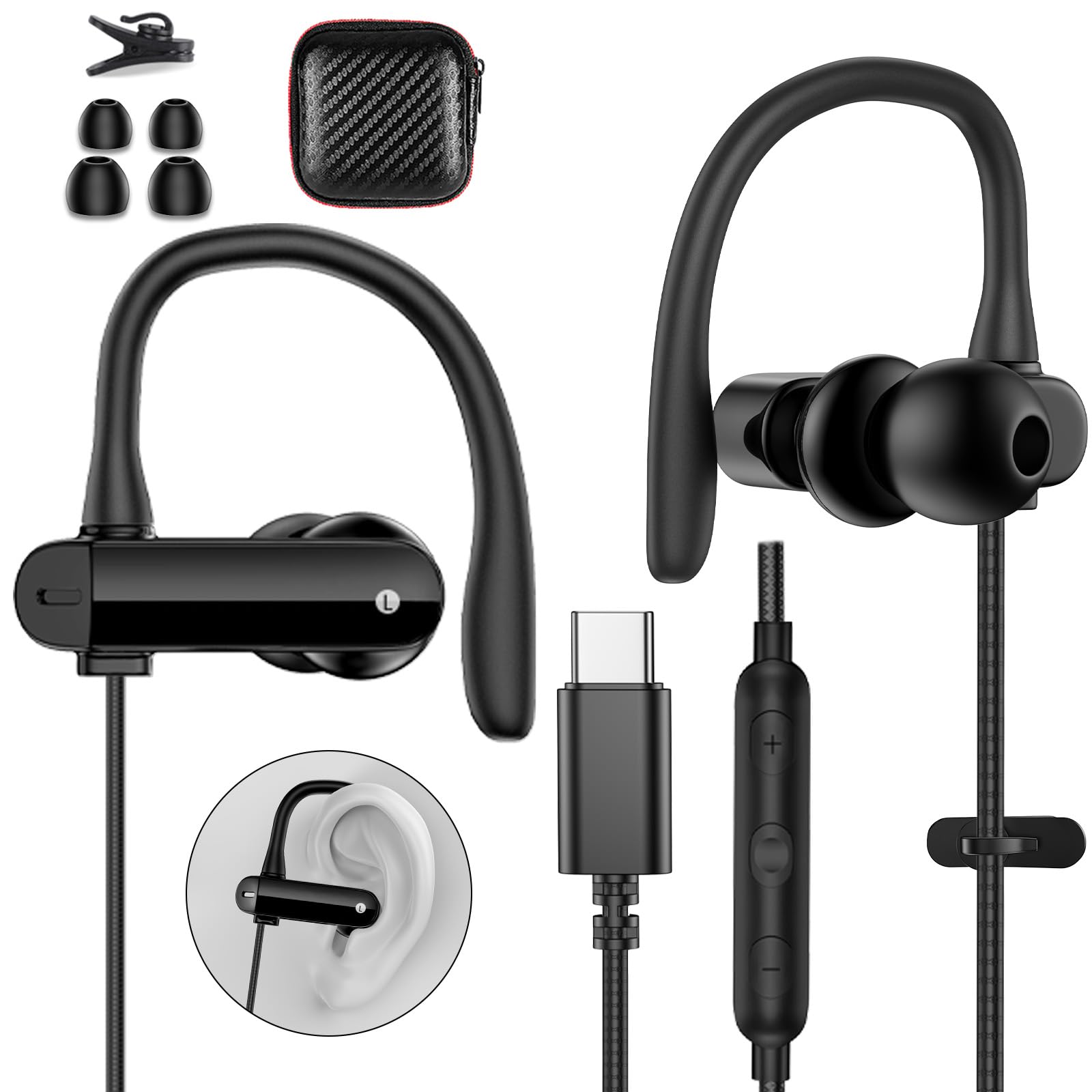 Wired USB Type C Earbuds Over Ear Cord USB C Headphones with Mic Black