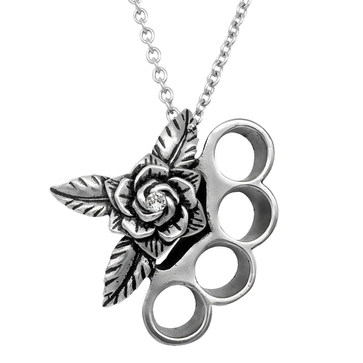 Controse Silver-Toned Stainless Steel Beautifully Brutal Brass Knuckles & Rose Necklace