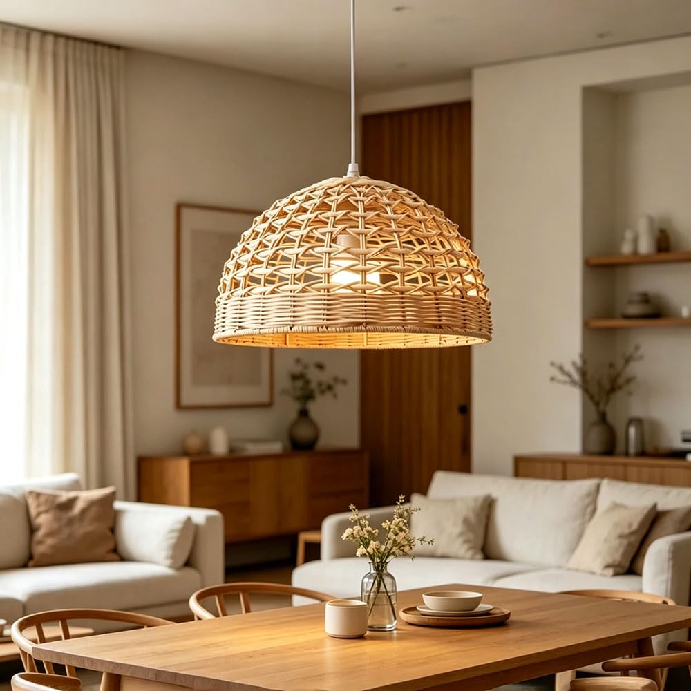11,02" Wiszące Lampy Z Rattanu, Wiklinowe Lampy Wiszące, Żyrandol W Stylu Boho, Regulowany, Rustykalny Wiszący Kosz Z Rattanu, Pleciona Lampa Wisząca Do Wyspy Kuchennej I Jadalni