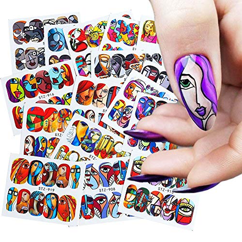 Abstract Face Nail Art Decals Sticker for Women Girls Nail Accessories Decorations Water Transfer Sexy Girl Abstract Face Geometry 160+ Patterns 16 Sheets / Set