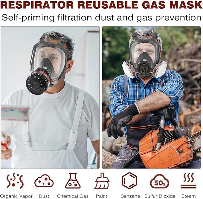 Masque à gaz complet avec filtre à charbon actif de 40 mm et filtres 6001CN, masques à gaz contre la poussière, la peinture, le polissage, la soudure, la vapeur organique, les produits