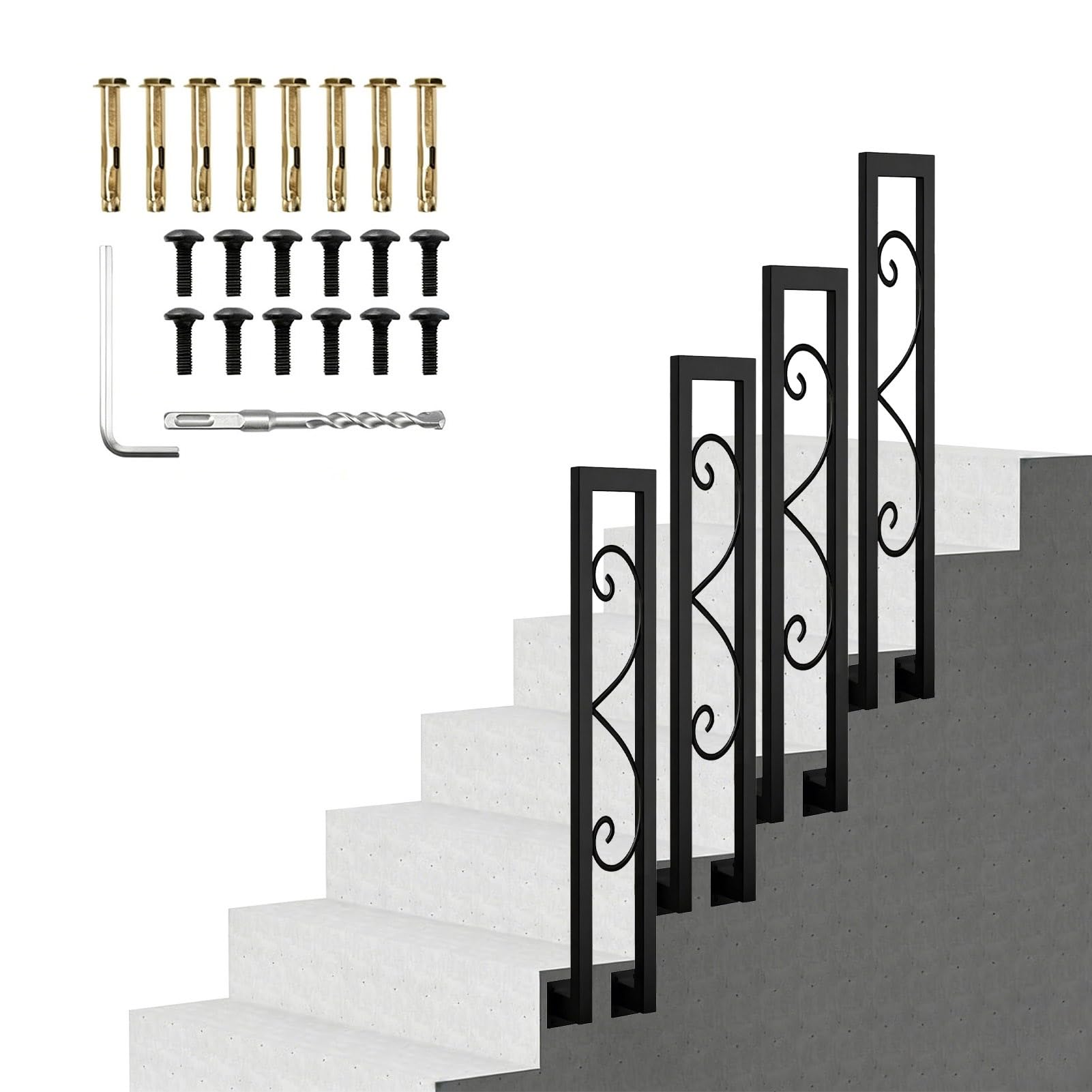 U-Shaped Handrail for Stair Railing Outdoor | Black Metal Wrought Iron Hand Rail for Indoor Steps Loft Villa｜Stairs Porch Deck Handrail Picket Fits 1 Steps(B,95cm(2.1ft))