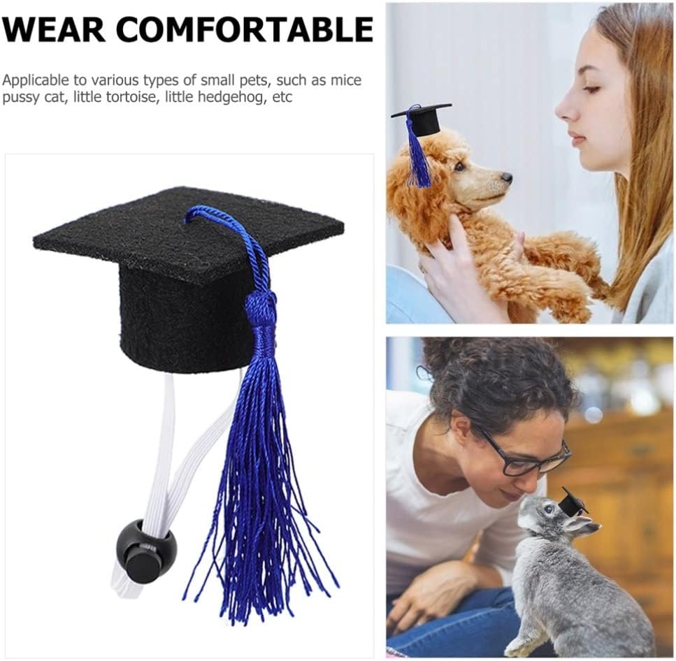 Graduation Cap Pet Graduation Caps with Blue Tassel 2Pcs Mini Bachelor Hats for Guinea Pig Cat Puppy Hamster Dog