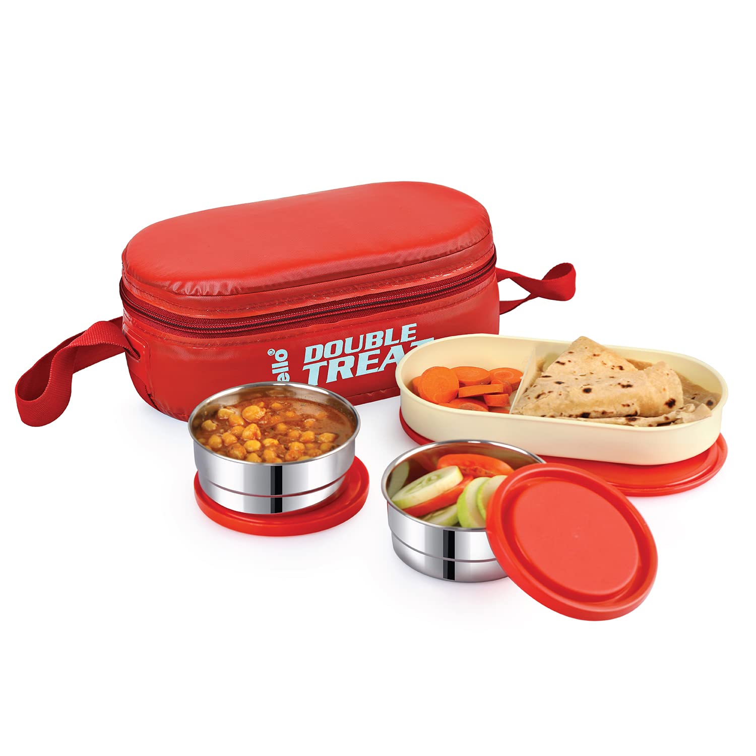 CELLO Double Treat Set of 3 Pcs Lunch Box for Office Use with Jacket Red | 2 x 300ml Stainless Steel Containers, 1 x Oval Container | Lightweight Leakproof Airtight Tiffin Box Case For School & Travel