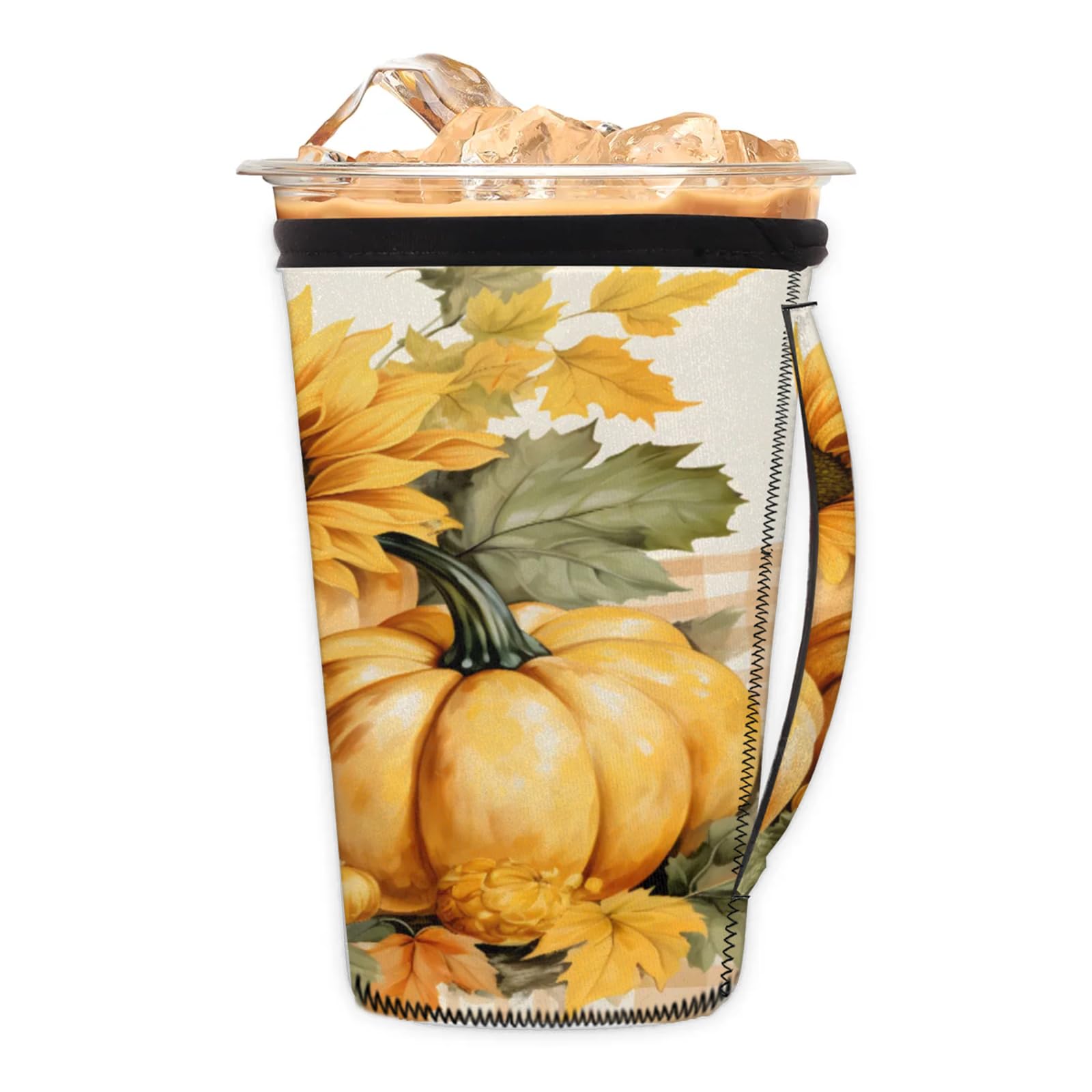 Pumpkin Daisy Watercolor Reusable Neoprene Coffee Sleeve with Handle Insulated Iced Coffee Cup Holder Reduces Condensation Fits 24-28 oz Cups M