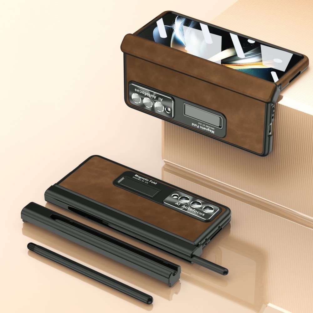 LMEILwith Pen and 2 Hinge Plating Leather Case for Samsung Galaxy Z Fold 4 3 5G Hiding Bracket Screen Film Protector Case for Fold3 4,Camel,for Galaxy Z Fold4