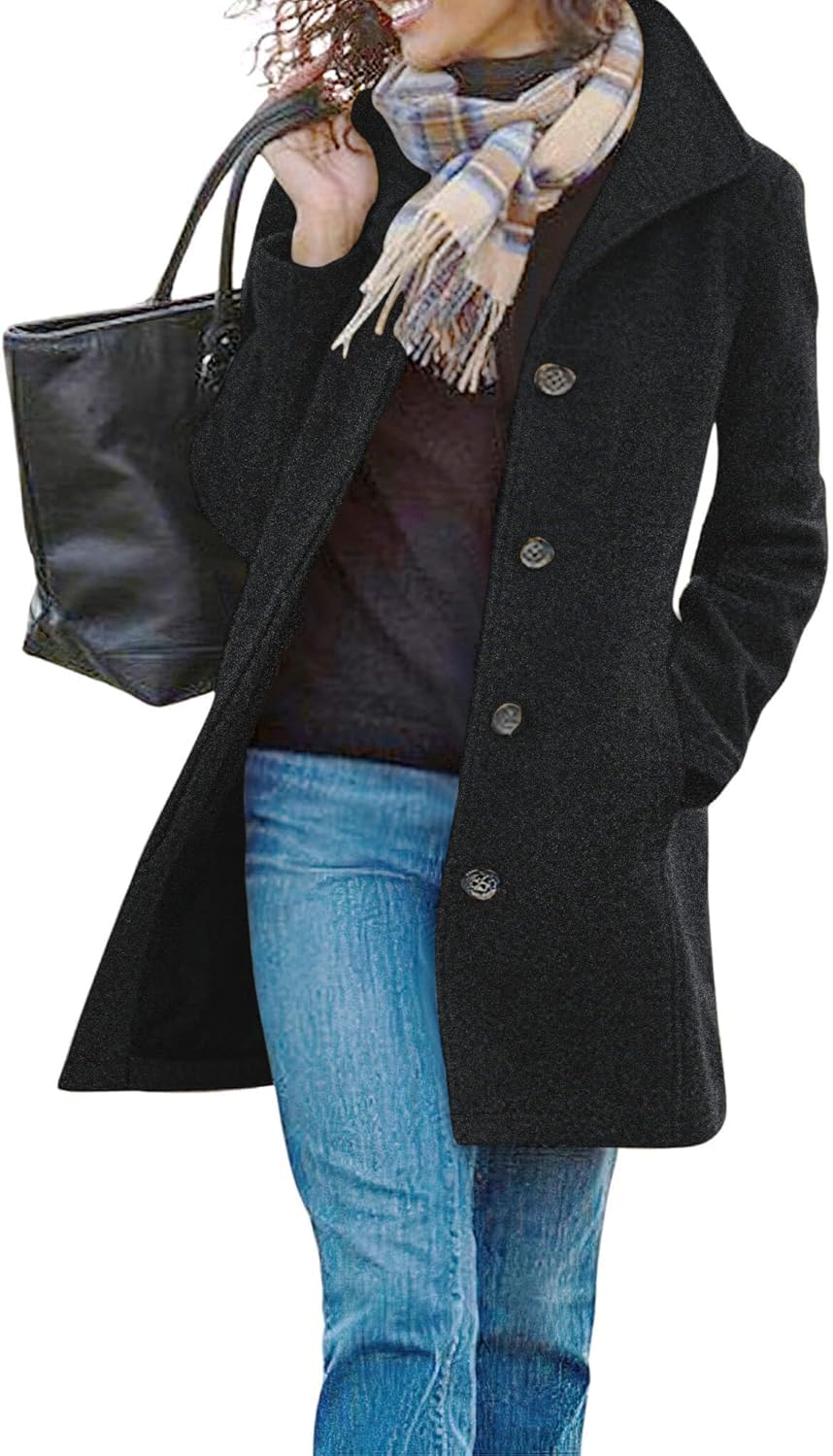 yoeasy Abrigo casual de mezcla de lana gruesa para mujer, cuello alto, botonadura única, abrigo de invierno de longitud media