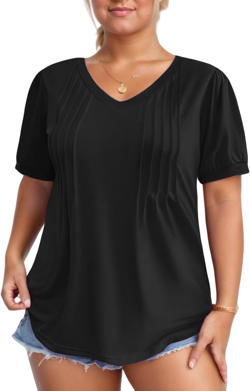 VISLILY Womens-Plus-Size-Summer-Tops Casual V Neck T Shirts Dressy Puff Short Sleeve Tunics Tee Cute Pleated Blouses XL-5XL - Image 2