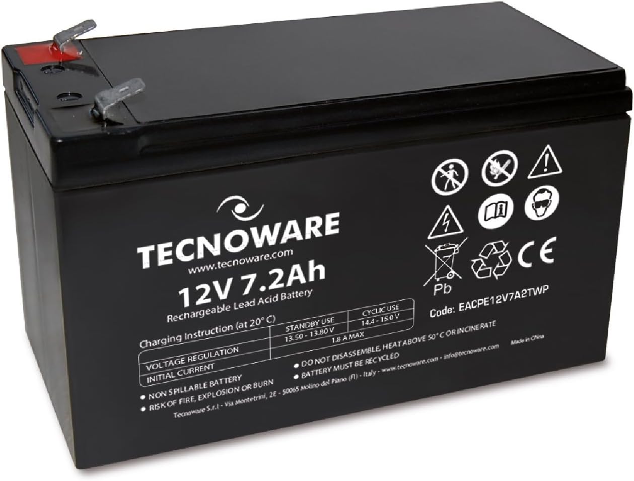 12V Charge 7.2 Ah Lead-Acid Sealed Battery, for UPS, Video Surveillance and Alarm Systems, 2.5 Inch Faston Connection, Long Lasting, No Maintenance, Bianco, Size 7.2 Ah