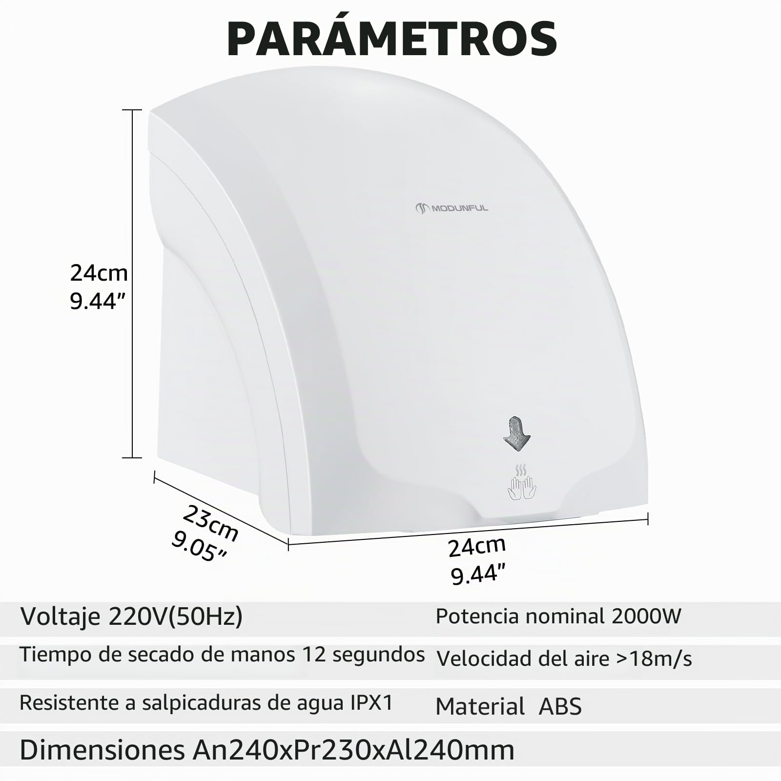 Secamanos Automático de Pared 220V 2000W Blanco con Luz Piloto