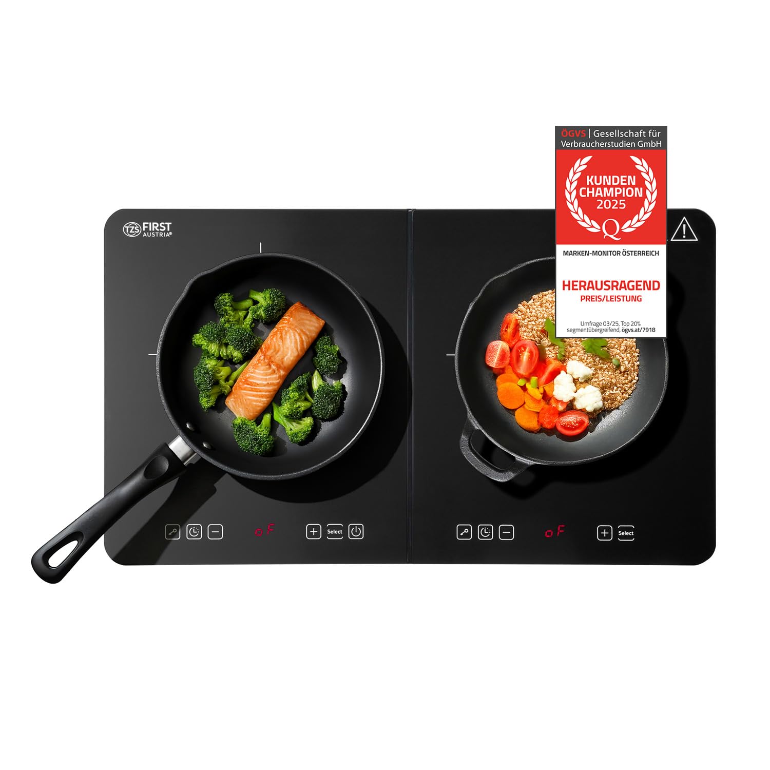 TZS First Austria - Induktionskochplatte doppelt - 3500W - 2er Glaskeramik-Herdplatte - 10 Leistungsstufen, Timer, Kindersicherung, LED-Display, Touch-Bedienung, Überhitzungsschutz - Camping, mobil