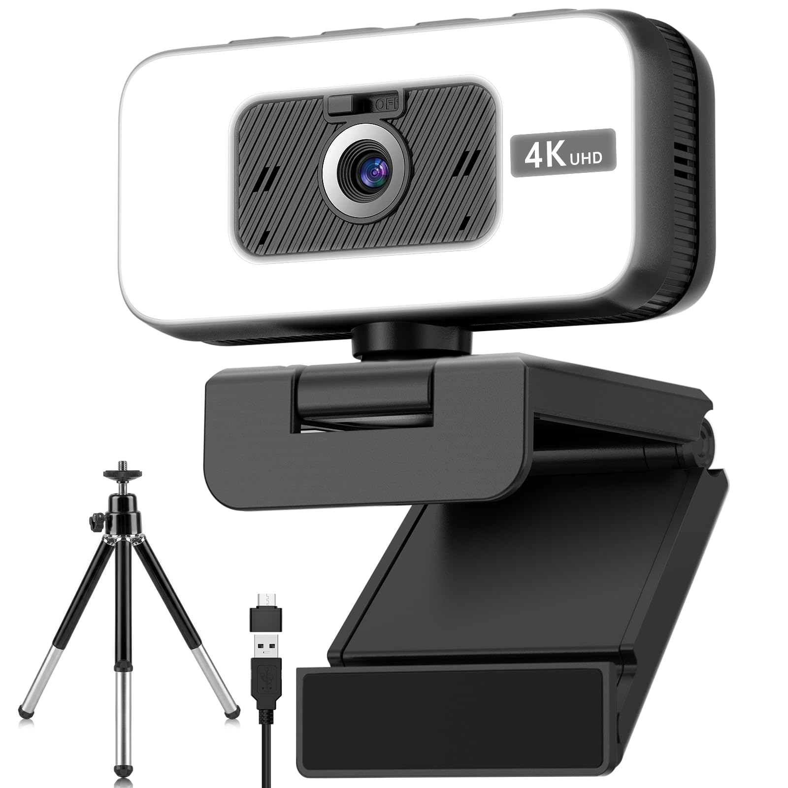 Cámara web 4K con luz y zoom, cámara USB para ordenador con micrófono, cobertura de privacidad y luz antiinterferencias, cámara web 4K UHD de enfoque automático para monitor de ordenador