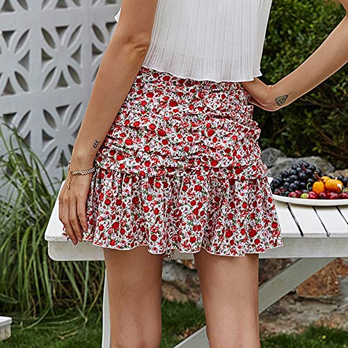 Loijon Nova moda feminina saia floral plissado plissado praia bohemia saia clubwear mini saia vermel