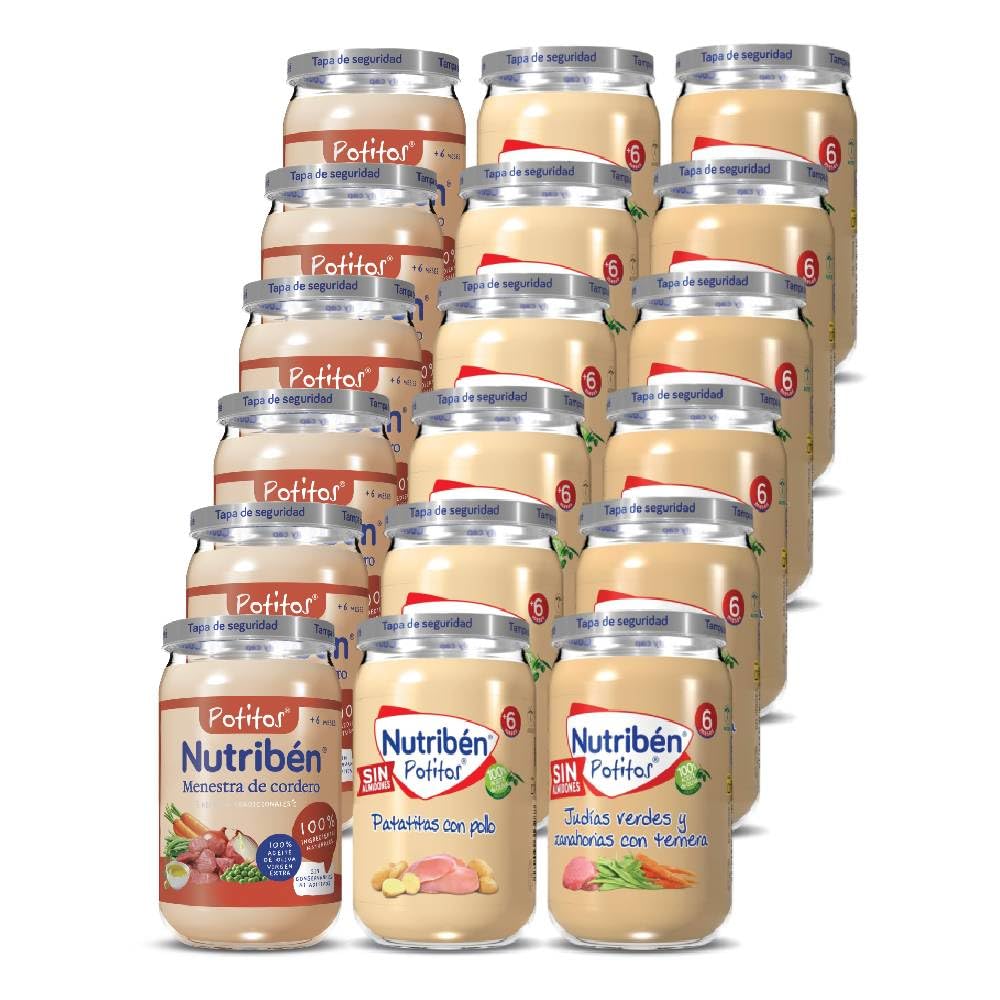 Nutribén Pack de 18 Menestra de cordero | Pollo con patatitas | Judías verdes y zanahorias con ternera | Sin Azúcares Añadidos - Sin Gluten, Huevo, Leche - Desde los 6 Meses - 18 x 235gr