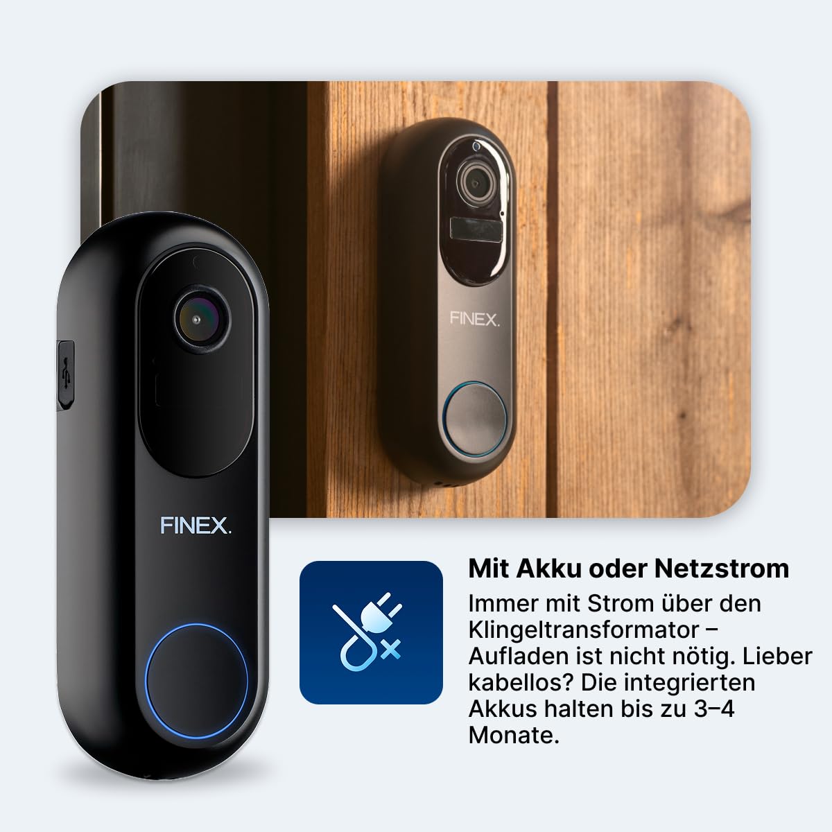 FINEX Video Türklingel, inkl. Innenklingel & Batterien, Tag- & Nachtmodus, Ohne Abonnement, Kabellose Türklingel, T-Ring-Klingelton, Video-Türklingel mit Kamera (V2)