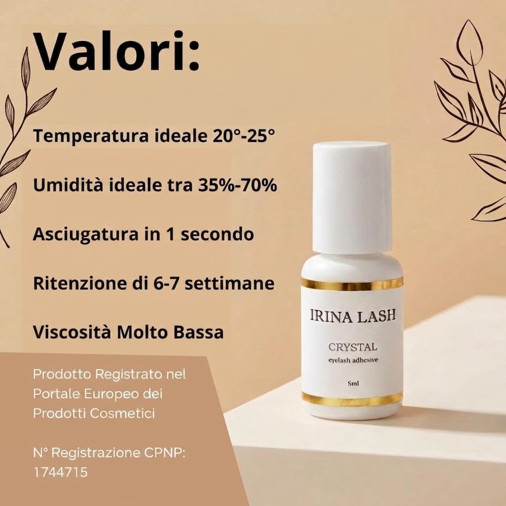 Colla per ciglia Extension, Volume Crystal, Registrazione sanitaria, Asciugatura rapida in 1 secondo, incollatura in 7 sec, 5 ml nero per extension - Irina Lash