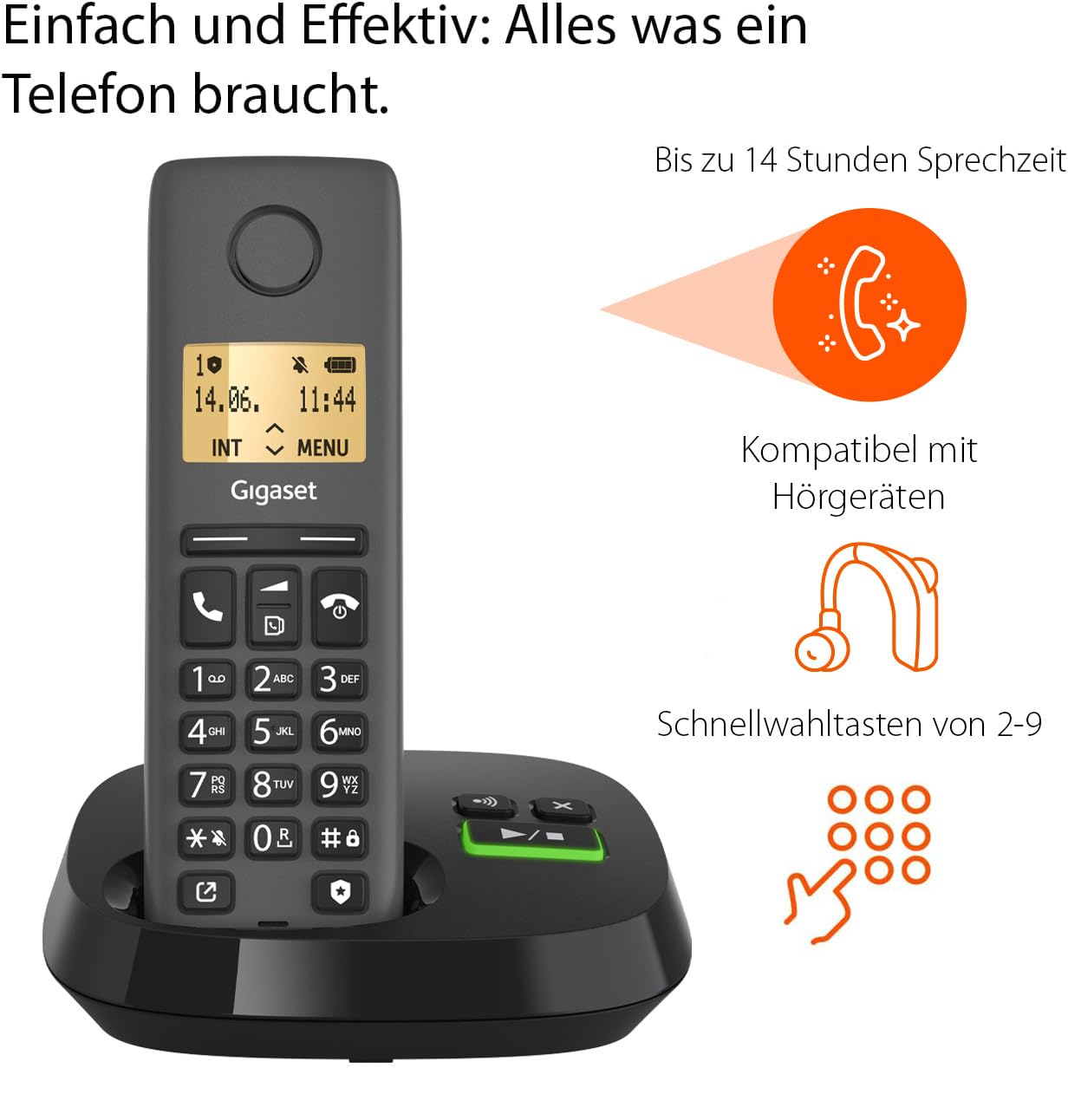 Gigaset Pure 120A - telefon bezprzewodowy - telefon DECT z automatyczną sekretarką - podświetlany ekran - kompatybilny z aparatami słuchowymi, ochrona przed niepożądanymi połączeniami, czarny antracyt