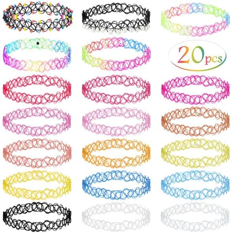 shynek 20er-Pack Tattoo-Halsketten-Set für Mädchen, modisches Stretch-Spitzen-Halsband, Gothic-Elastik-Kragen-Schmuck-Set für Frauen, Teenager-Mädchen Cover