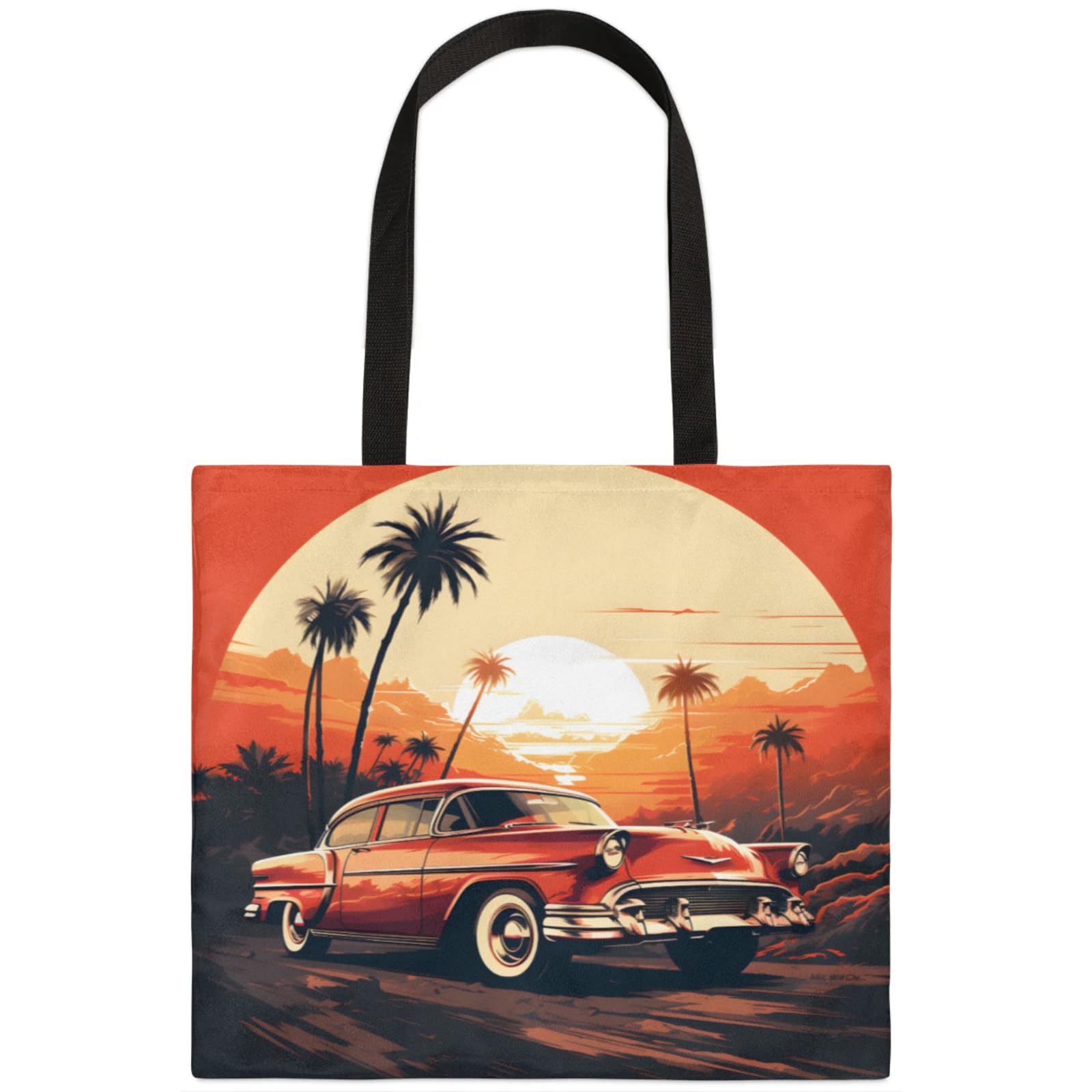 Mularoka Sunset Car Coconut Tree Square Canvas Tote Bag Top Handle Purses Stylish Women Canvas Shoulder Tote Bags Reusable Handbags for Work Travel Picnic Beach Shopping Gym Hiking