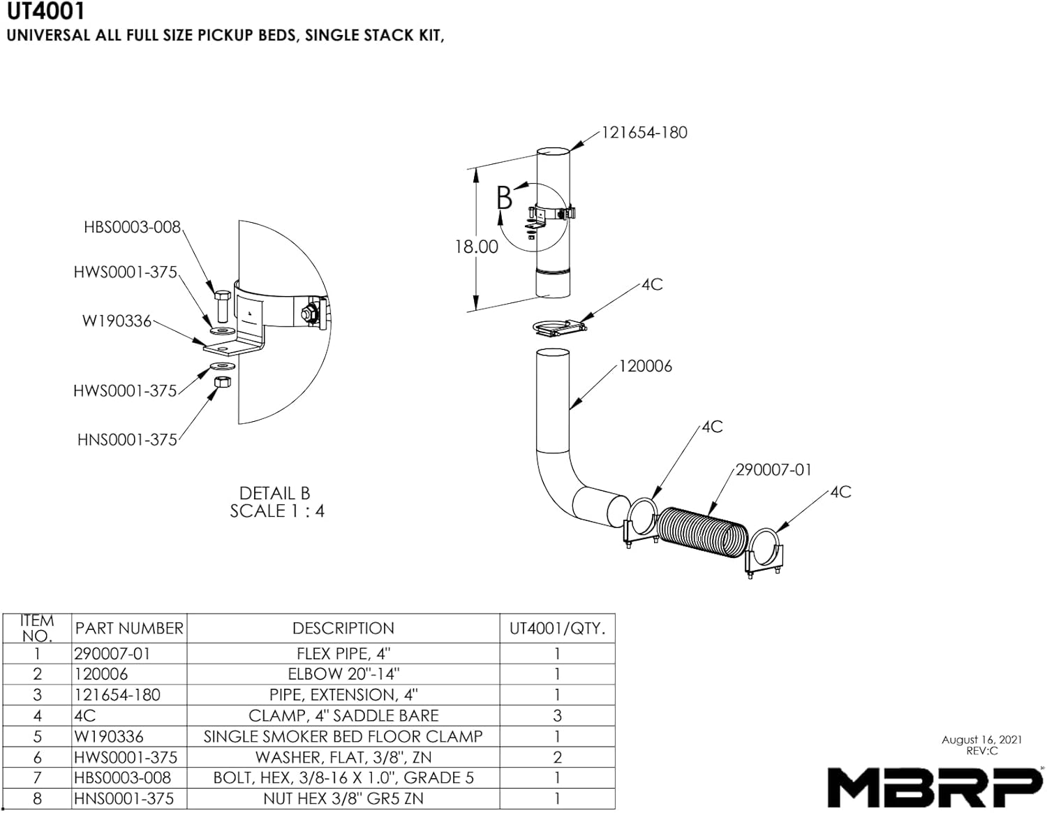 MBRP Universal Full size Pickup Single Stack mount kit AL