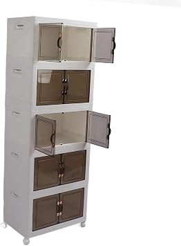 JEOZBM Storage Bins with Lid and Wheels, Plastic Foldable Stackable Storage Bins, Magnetic Double Door Lockable Wheel Storage Box for Pantry Office Dorm5 Layer