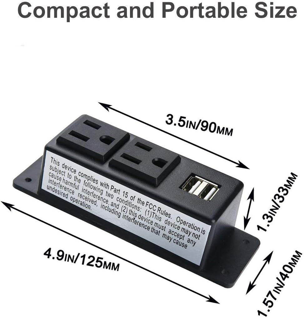 Desk Power Socket with USB Port, Recessed 2 Plugs Outlets, Power Strip 6.6 ft Extension Cord Mountable Under Table Wall Mounting (Black)