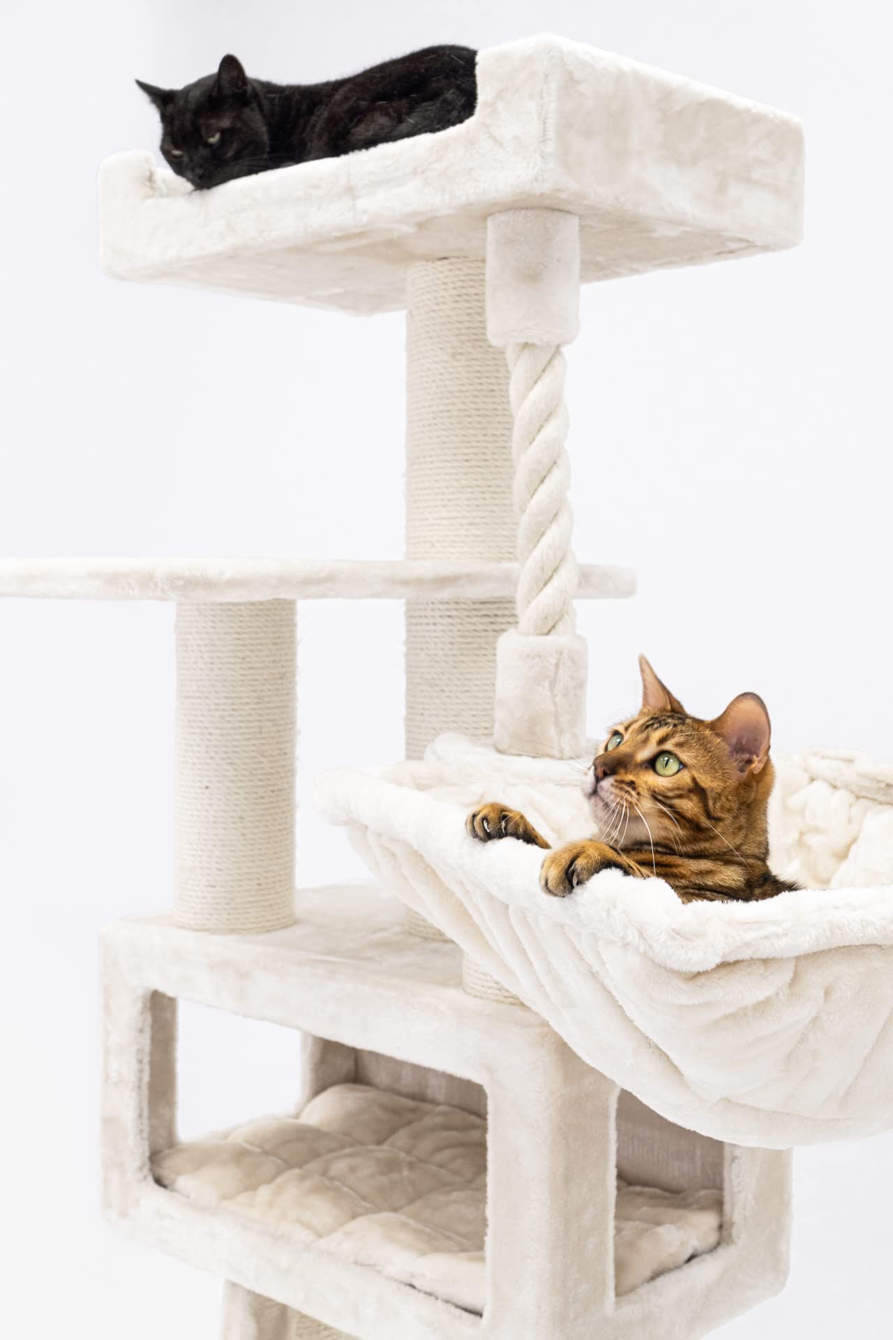 Petrebels Kratzbaum XXL für große Katzen, Parklane 175, Creme | sehr stabil, Ø 12 und Ø 15 cm dicke Stämme, mit XL Hängematte, Schlafhöhle, Loungesofa, dicke Bodenplatte, für mehrere Katzen