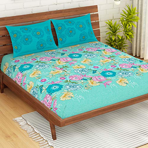 Image of Spaces Atrium 144 TC 100% Cotton King Size Double Bedsheet with 2 Pillow Covers (Floral, 88 inch X 108 inch Inches) - Strawberry