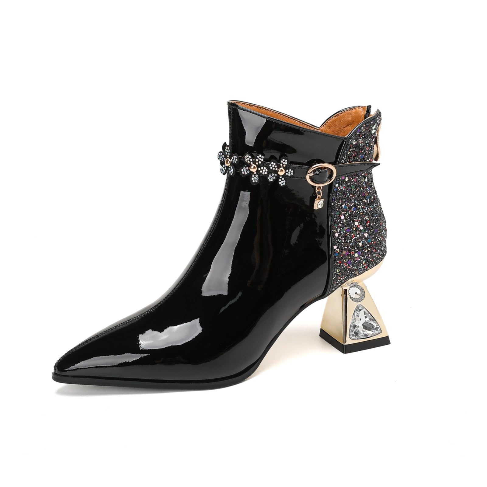 TinaCus Handmade Flowers Womens Ankle Boots Genuine Leather Pointed Toe Mid Heels Zip up Glittery Booties