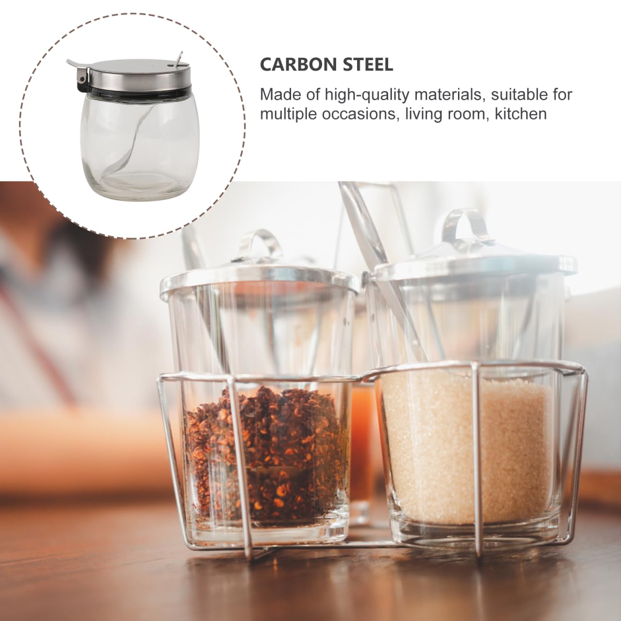 2 tarros redondos de vidrio para especias con tapas y cucharas de acero inoxidable, recipientes versátiles para condimentos para almacenamiento de sal, pimienta y condimentos en cocina, café y 5