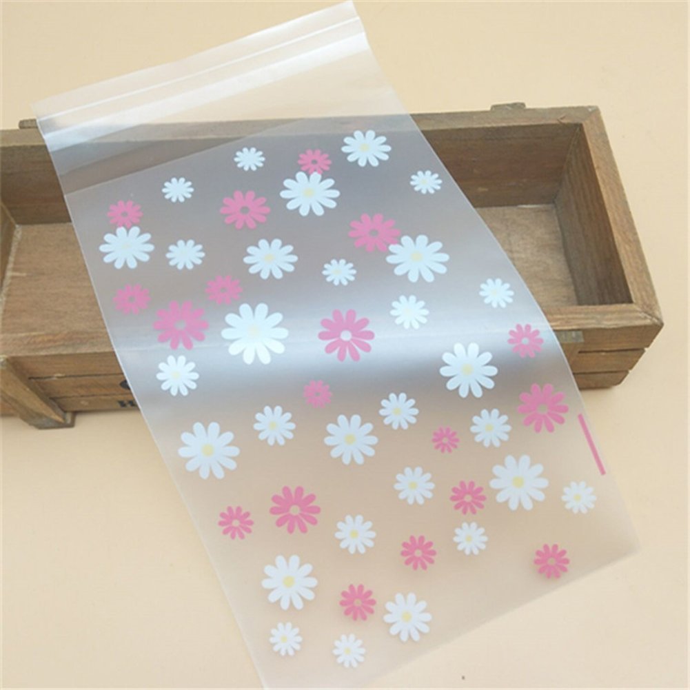 200 Pcs 8x10cm Cute Daisy Cello Cellophane Bags OPP Plastic Bags Flat Self Sealing Treat Bags for Bakery Cookies Pink