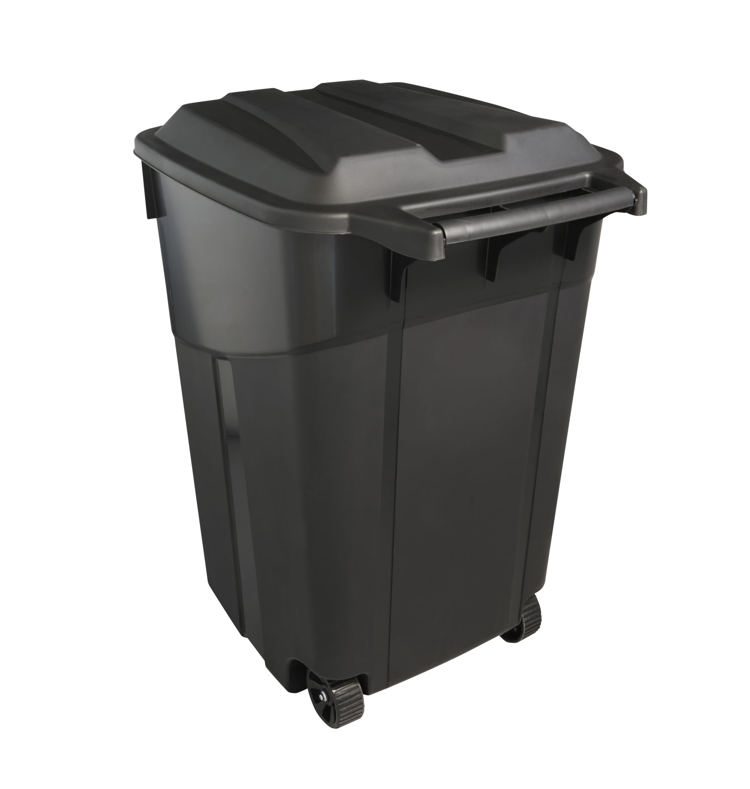 45 Gallon Heavy Duty Wheeled Plastic Garbage Can – Attached Secure Hinge Lid, Smooth-Rolling Wheels & Reinforced Base for Residential, Garage, Yard & Indoor Use Black