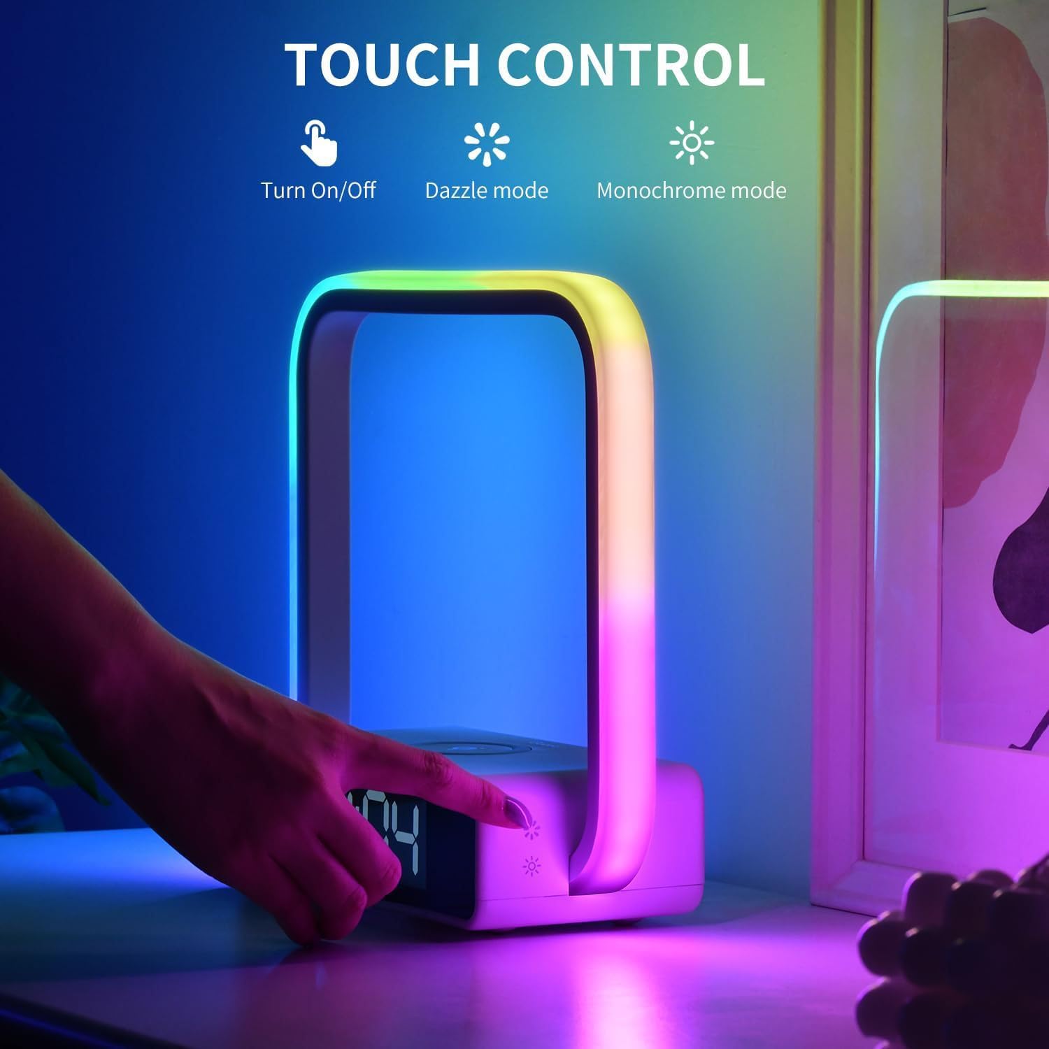 Nachttischlampe Tischlampe mit 10W Kabelloser Ladefunktion RGB Farben Stimmungslicht LED Lichtwecker Touch Dimmbar mit 3 Helligkeitsstufen Nachtlicht Wecker mit Licht für Kinderzimmer Schlafzimmer