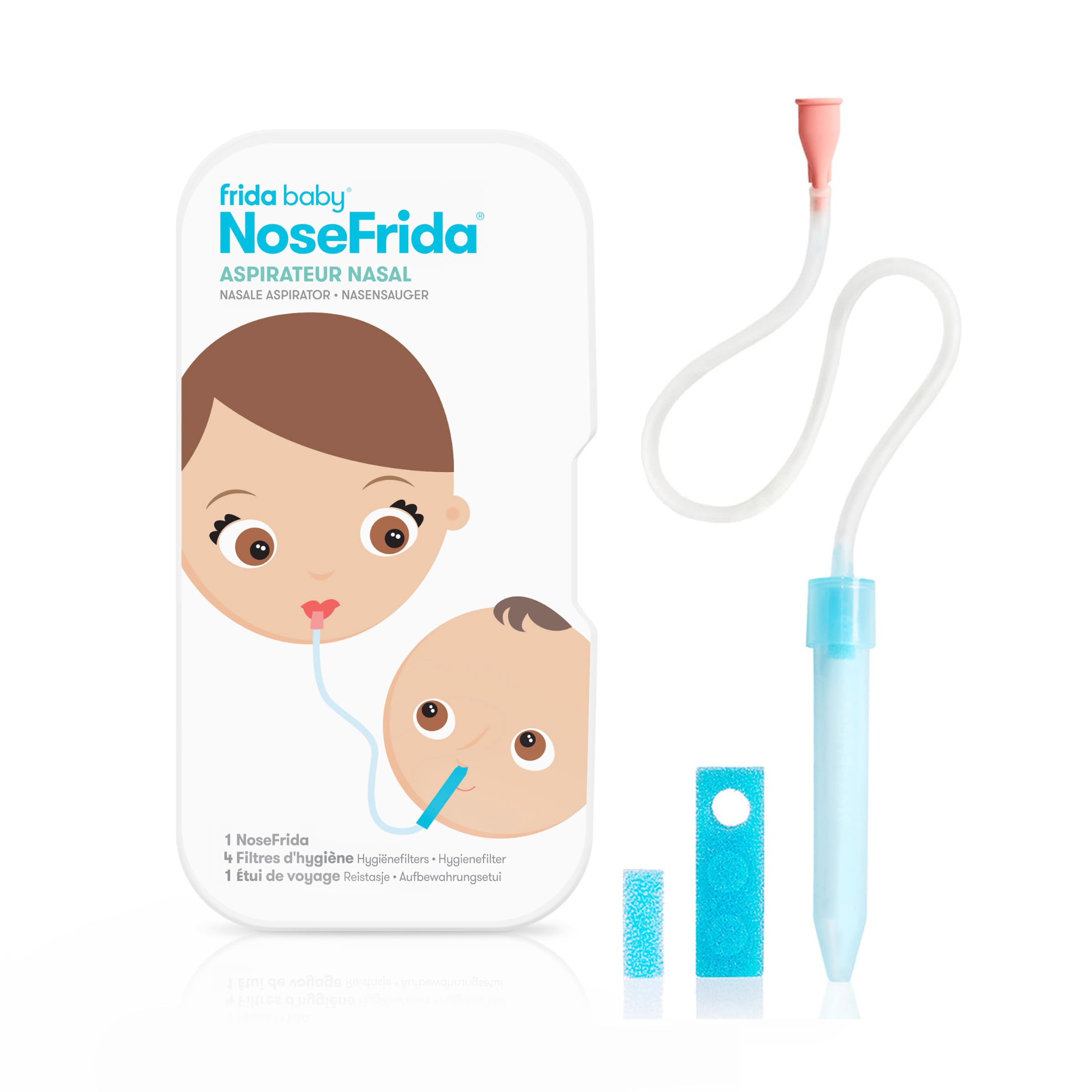 Frida Baby NoseFrida Le SnotSucker Kit avec étui de voyage : aspirateur nasal pour bébé, mouche-bébé NoseFrida + 4 filtres hygiéniques