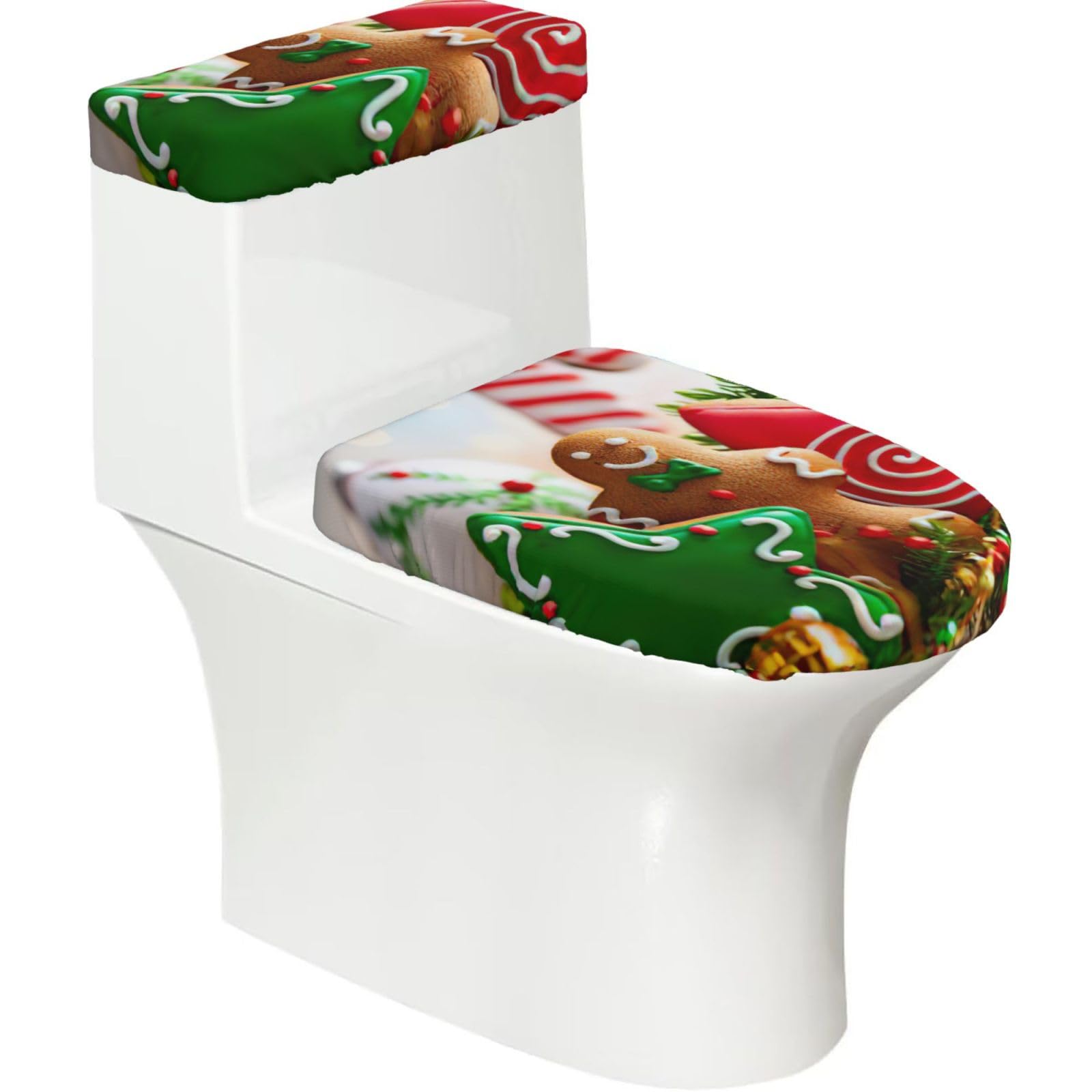 Gingerbread Man Candy Print 2-Piece Stretch Toilet Cover Set, Elastic Breathable Toilet Seat and Tank Lid Protector