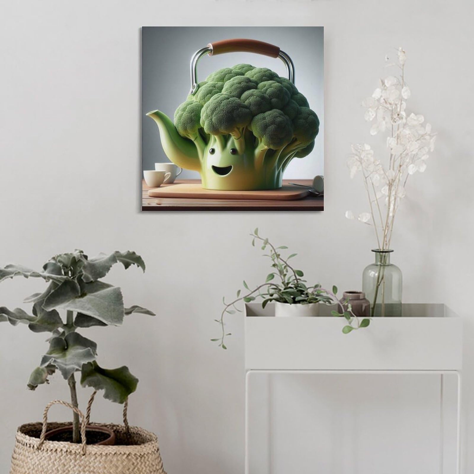 ZOGJIN Cartoon-Teekannen-Poster, Brokkoli-Gemüse, moderne Wandkunst, Leinwand, ästhetische Dekoration, Gemälde, 70 x 70 cm, Rahmenstil