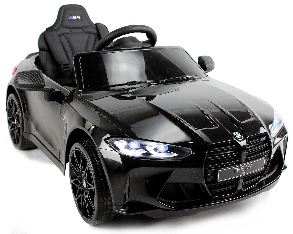 BMW M4, MPower- 90W, 12V-14ah, Eva Räder, Ledersitz, Kinderauto Kinderfahrzeug Kinder Elektroauto, Bluetooth, Fernbedienung 2.4G (Schwarz)