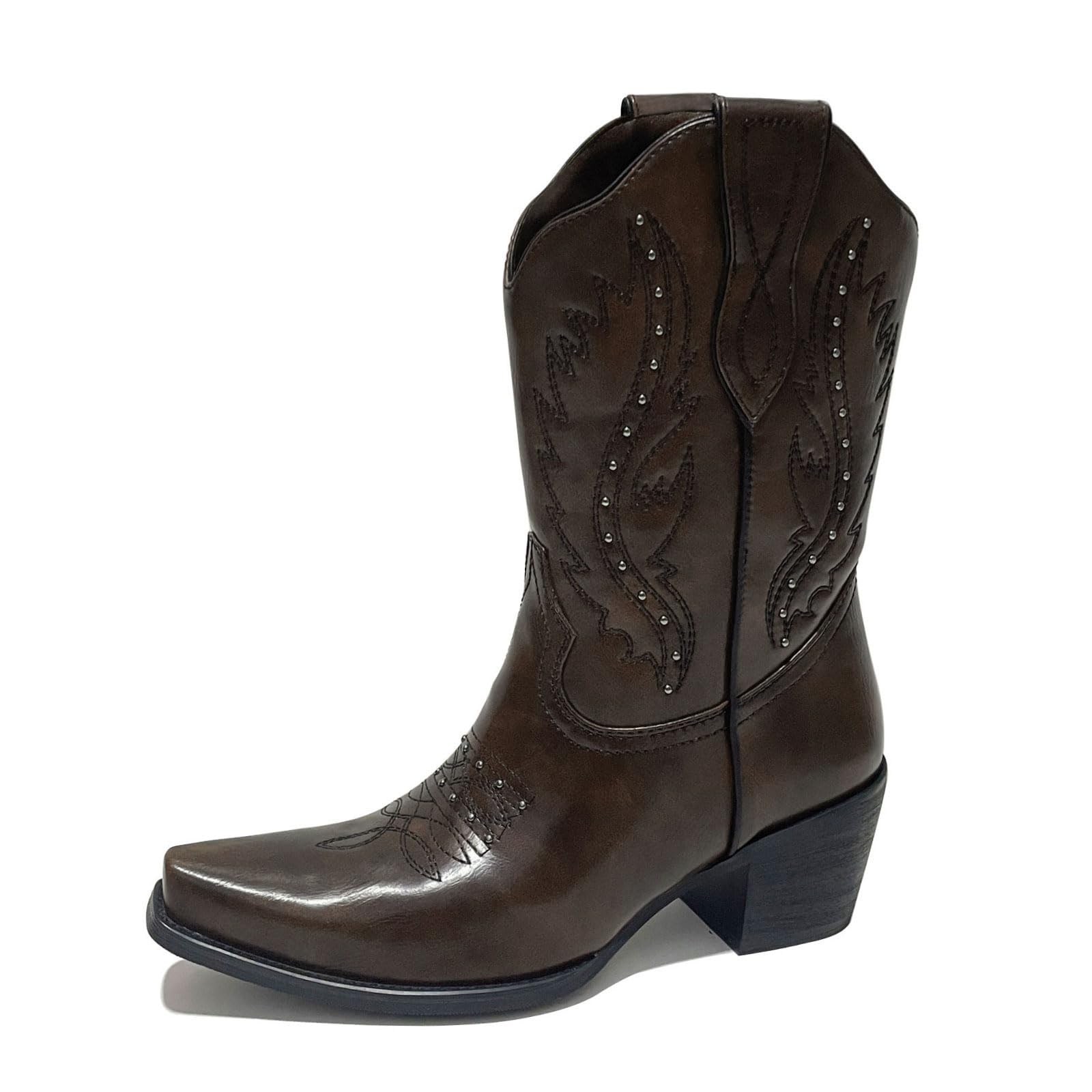 Womens Vintage Embroidered Rivet Chunky Heel Snip Toe Cowgirl Western Booties Fashion Studded Square Toe Pull On Block