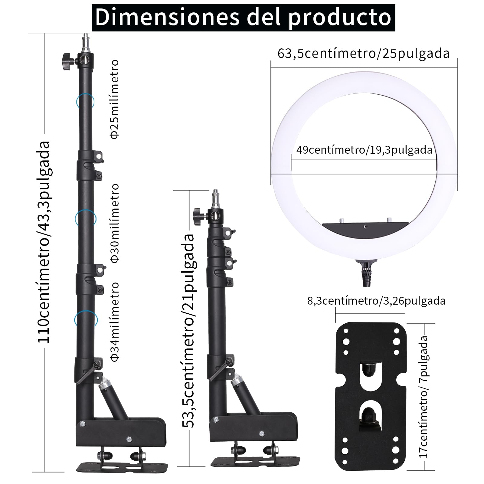 Soporte de pared con anillo de luz de 25 pulgadas con soporte para teléfono móvil, brazo triangular ajustable, soporte de luz de techo para estudio de iluminación fotográfica, transmisión