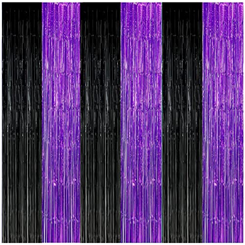 Graduation Decorations 2026 Purple Black Foil Fringe Backdrops Black Purple Party Decorations Streamer Tinsel Curtains for Graduation Birthday Halloween Party(3 Pack)