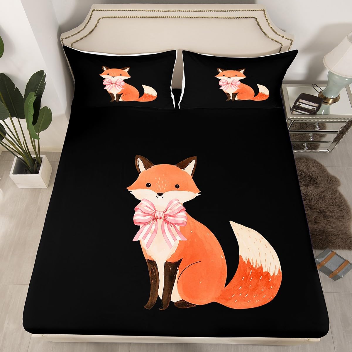 Erosebridal Cartoon Fox Fitted Sheet for Kids Boys Girls,Pink Bowknot Bed Sheets Queen,Kawaii Animal Bed Cover,Farmhouse Bedding Set with 2 Pillowcases Wrinkle Free