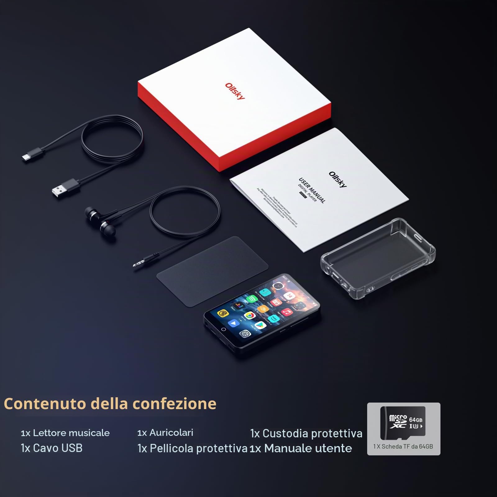 Lettore MP3 con Bluetooth e WiFi, Oilsky 80GB 4 pollici 1080P Touchscreen MP4 Player, Android 9.0, Lettore MP3 Portatile con Spotify, Audible, Deezer (Nero)